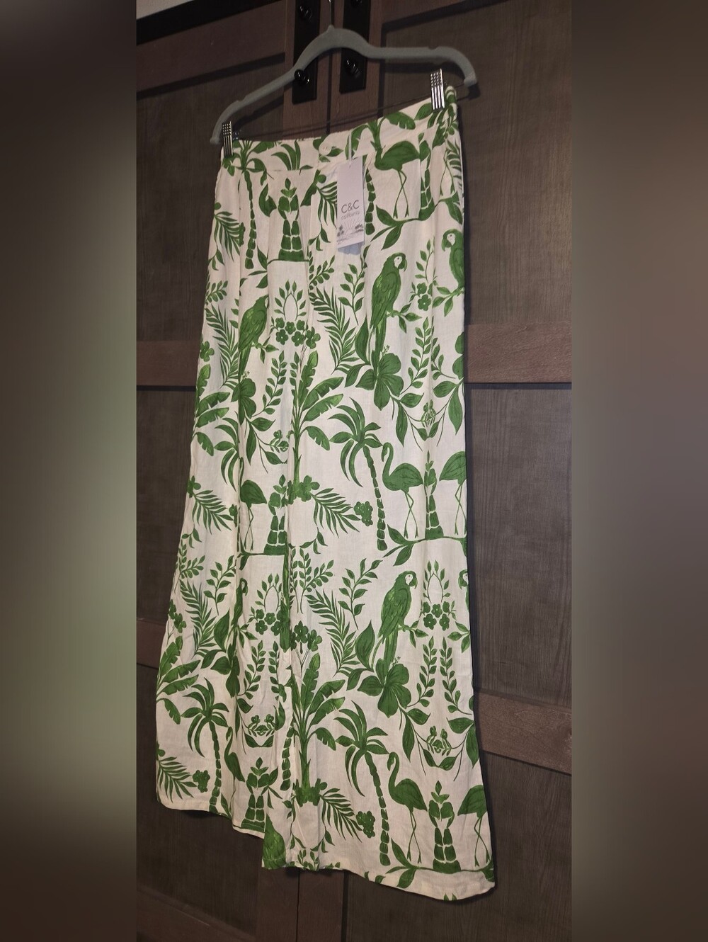 NWT C&C California White Green Wide Leg Tropical Parrot Print
